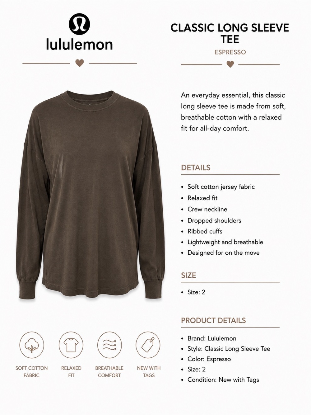 lululemon athletica Unisex Long Sleeve Tee in Espresso Brown